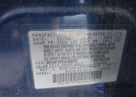 2016 Nissan Sentra Fe+ S/S/Sl/Sr/Sv из США, поврежденный, VIN 3N1AB7AP2GL666229